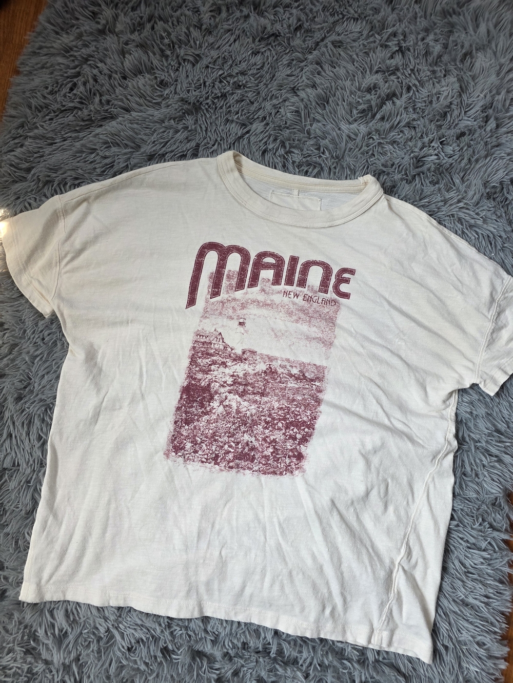 aerie White Short Sleeve Tee with Faded Burgundy Maine Graphic